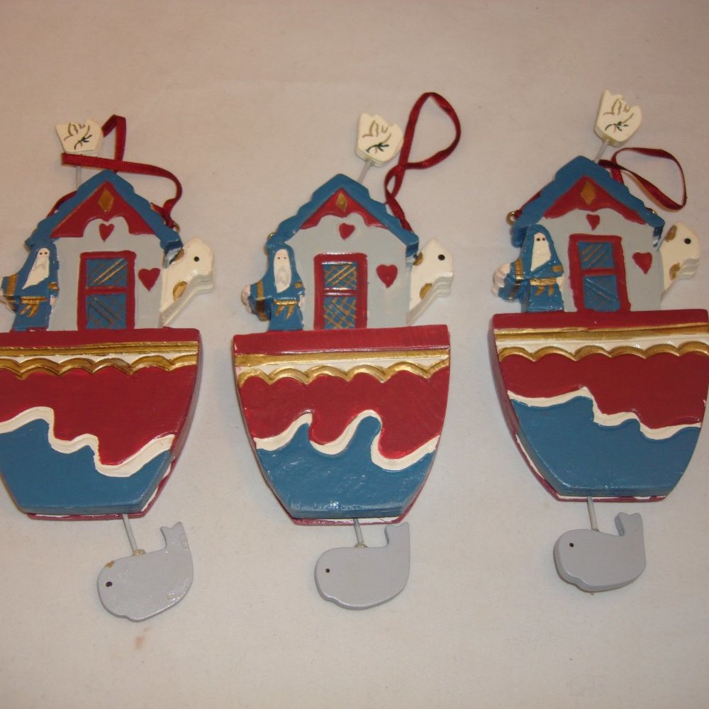 NOAH'S ARK 3 Vintage Sylvestri unique Wood Ornament Rare swinging dove and whale